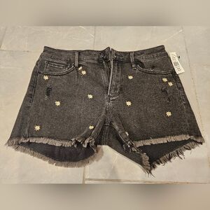 Black Denim Shorts with Floral Embroidery